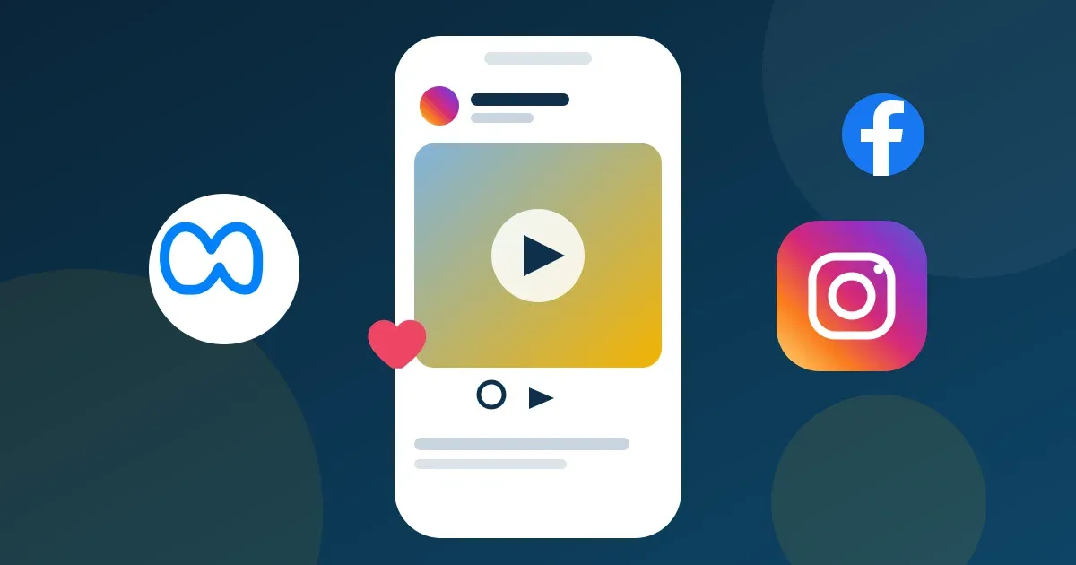 Celular exibindo um anúncio no feed do Instagram, ao lado dos logos do Meta, Facebook e Instagram