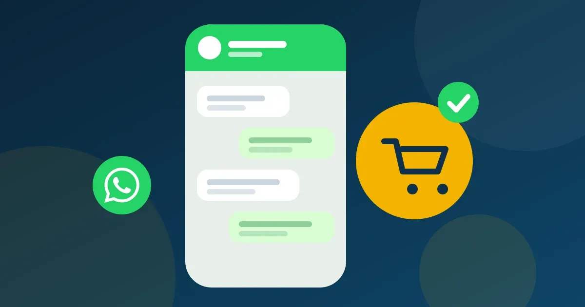 Conversa de WhatsApp com um carrinho de compras e um sinal de venda concluída